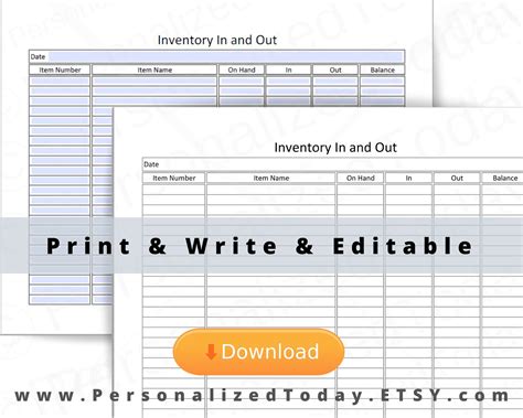 Printable Inventory In and Out Form PDF Digital Download US | Etsy