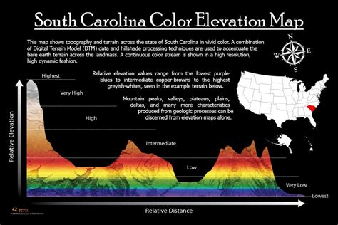 South Carolina Color Elevation Map - Etsy