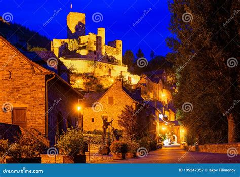 Belcastel Medieval Castle at Night. France Stock Image - Image of town ...