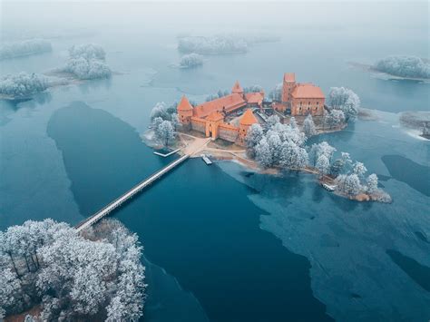 Aerial View Castle Lithuania Island Winter Mist Trakai Island Castle Ice Frost Trakai Wallpaper ...