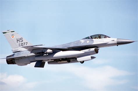 A right side view of an F-16 aircraft taking off during Long Rifle III competition. The semi ...