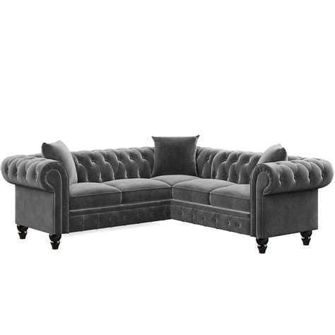 New 80″ L-shaped Velvet Upholstered Sofa Chesterfield Design with Roll Arm and 3 Pillows ...