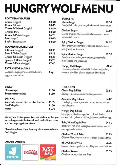 Menu at Hungry Wolf cafe, Edinburgh