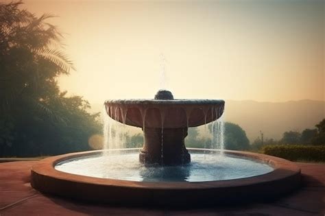 Premium Photo | A fountain in a garden with the sun setting behind it