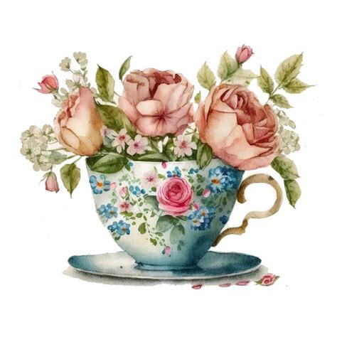 10 Floral Vintage Tea Cup Clipart, High Quality Jpgs, Watercolor ...