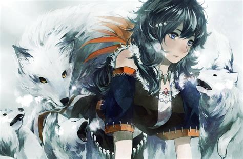 Download Wolf Girl Anime And White Wolves Wallpaper | Wallpapers.com