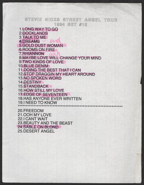 Lot Detail - Stevie Nicks 1994 Street Angel Tour Used Set List