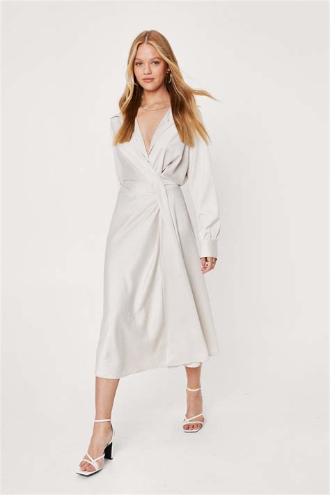 Satin White Dress With Sleeves - Encycloall