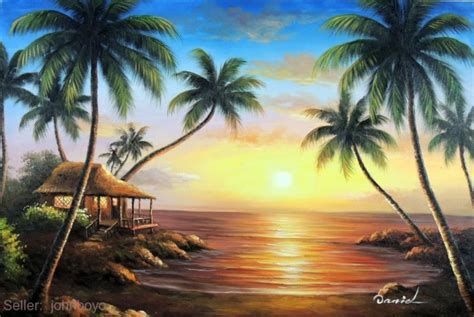 Painting: Hawaii Beach House Sunset Rocky Shore Palms Cove Stretched ...