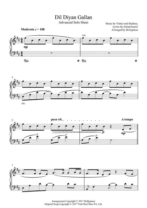 Dil Diyan Gallan Advanced Piano Notes | Piano Solo Sheet Music PDF