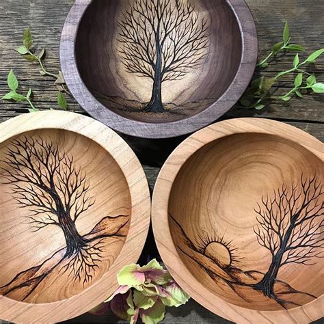 A few of the 6” tree bowls currently in the shop. . . . . #woodburning #woodburningart #pyro ...