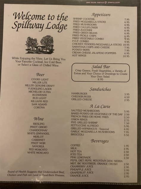 Menu at Spillway Lodge pub & bar, USA, 623 Old State Rd