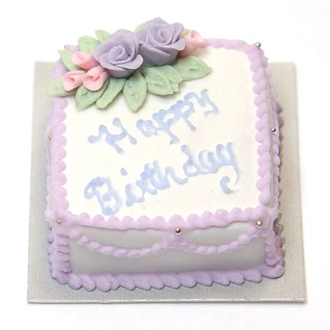Minature Happy Birthday Square Sheet Cake w/purple & pink roses | Stewart Dollhouse Creations