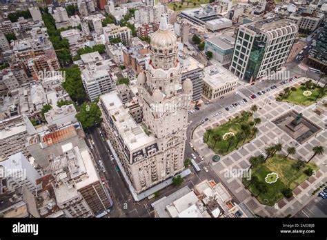 Montevideo, Uruguay, aerial view of the Old City showing historical ...