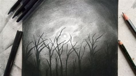 How To Draw Night Sky Forest with Charcoal Pencil ( Step by Step ...