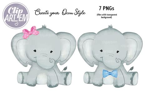 Watercolor Baby Elephants Boy Girl PNG set, watercolor clip art By clipArtem | TheHungryJPEG