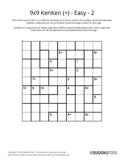 Printable 9x9 Easy KenKen Puzzles