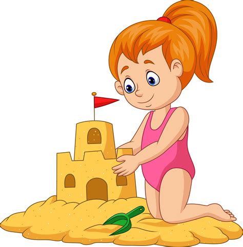 Cartoon happy girl making sand castle 8389891 Vector Art at Vecteezy