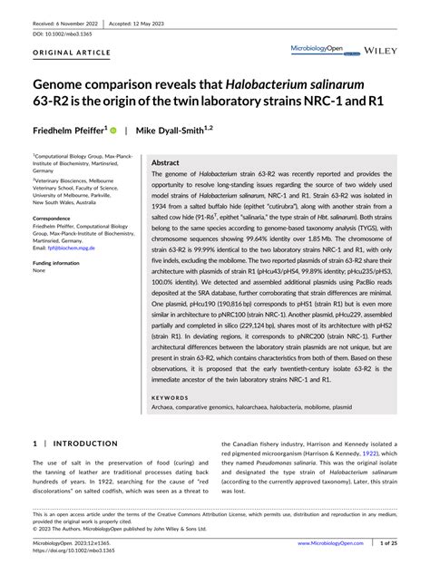 (PDF) Genome comparison reveals that Halobacterium salinarum 63‐R2 is the origin of the twin ...