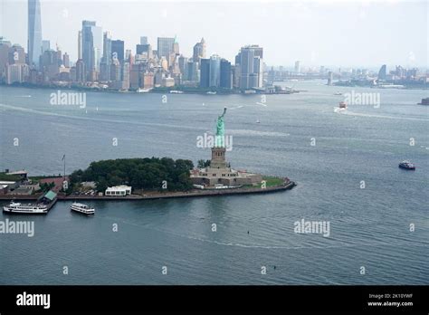 liberty statue new york city manhattan helicopter tour aerial cityscape panorama Stock Photo - Alamy