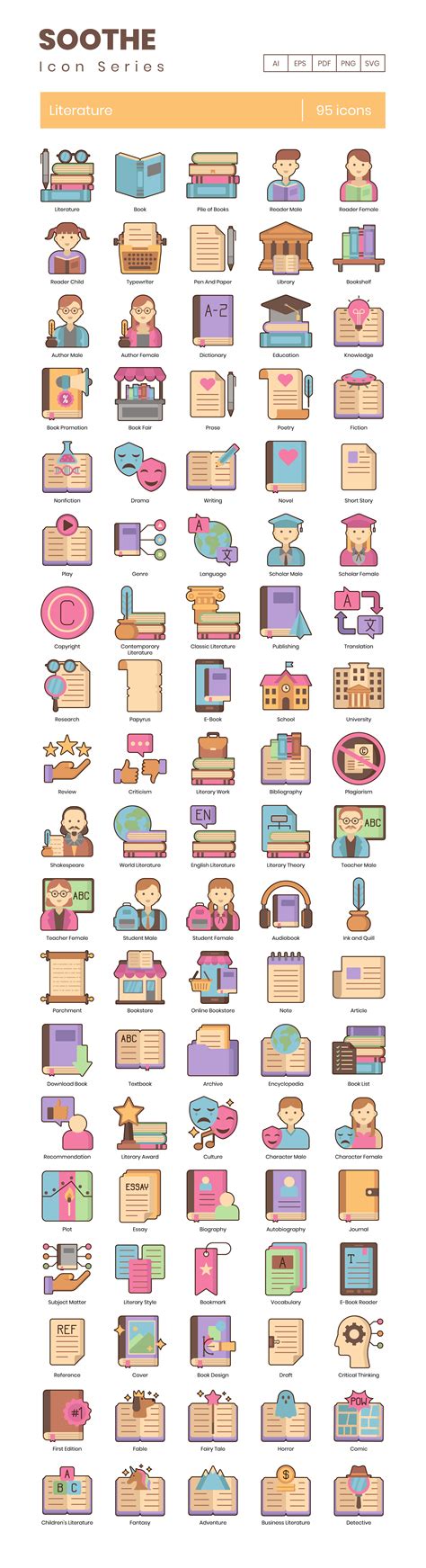 95 Literature Icon Set - Flat Icons