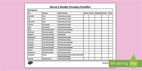 Nursery Cleaning Checklist - Cleaning Chart for Classroom