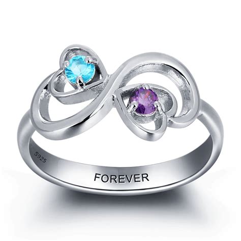 Unique Silver Symbols Round Cut 2 Stones Birthstone Ring In S925 Sterling Silver