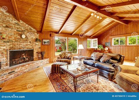 Luxury Log Cabin House Interior. Living Room With Fireplace And Stock ...