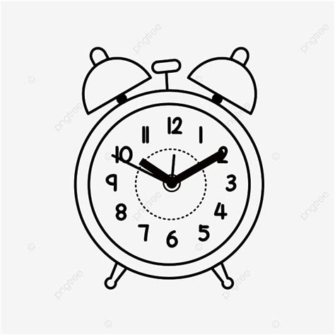 Double Bell Alarm Clock Clipart Black And White Lineart, Clock, Line Draft, Black And White PNG ...