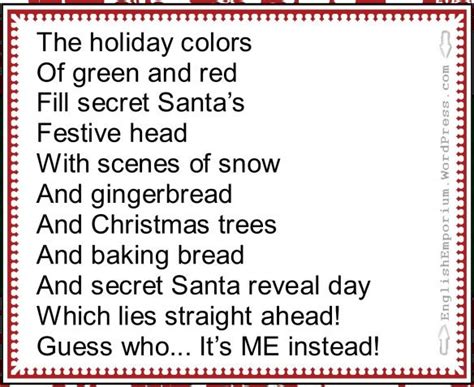 Secret Santa Reveal Poem | Secret santa poems, Funny christmas poems, Christmas poems