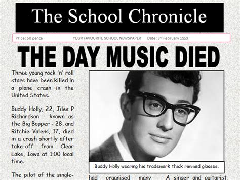 Buddy Holly The Day Music Died Newspaper Comprehension Text | Teaching Resources