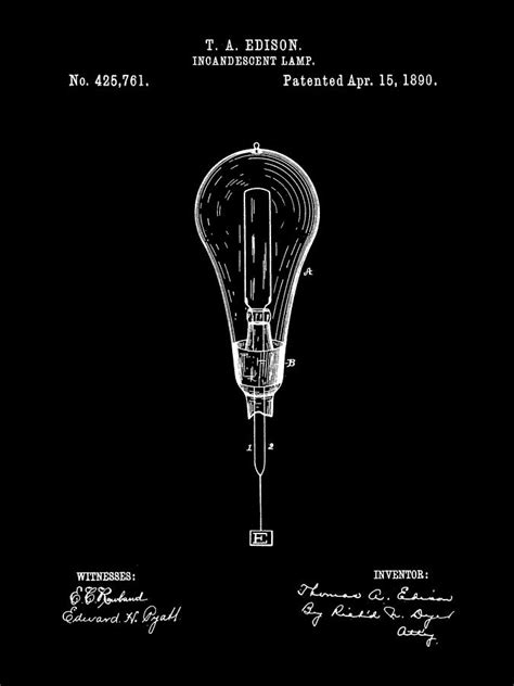 Thomas Edison Incandescent Lamp Patent 1890 - Black Digital Art by ...