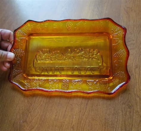 VINTAGE AMBER TIARA Indiana Depression Glass Last Supper Bread Dish ...