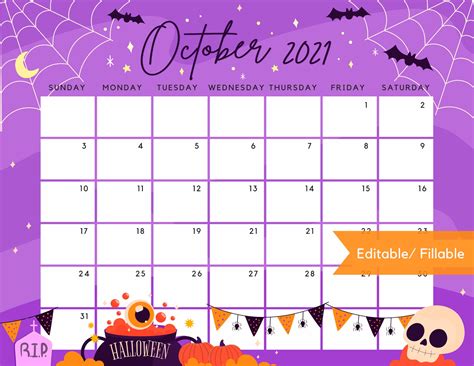 October 2021 Calendar Cute & Spooky Halloween Night Party | Etsy