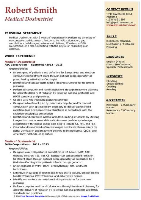 Medical Dosimetrist Resume Samples | QwikResume