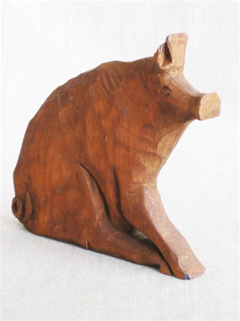 Vintage Hand Carved Folk Art Wooden Pig Sculpture, Signed, Dated, Carvings, Rustic Primitive Decor