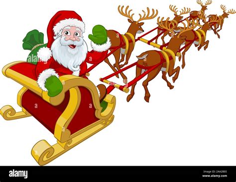 Santa Claus Flying Christmas Sleigh and Reindeer Stock Vector Image & Art - Alamy