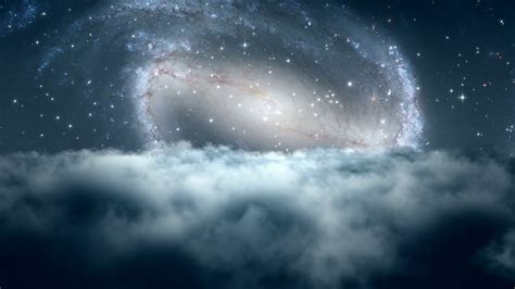 Flying Through Dense Clouds at Night with Beautiful View of Andromeda or another Spiral Galaxy ...