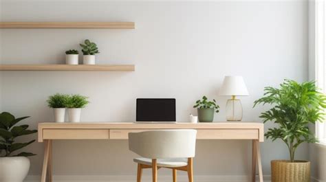 Premium AI Image | Minimalist home office featuring a white desk and plants