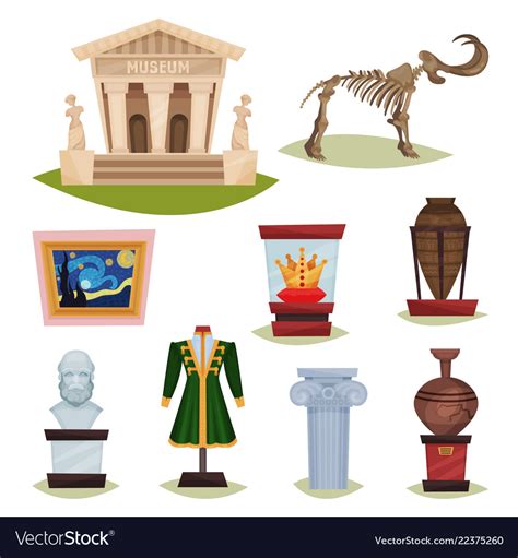 Flat set of museum exhibits mammoth Royalty Free Vector