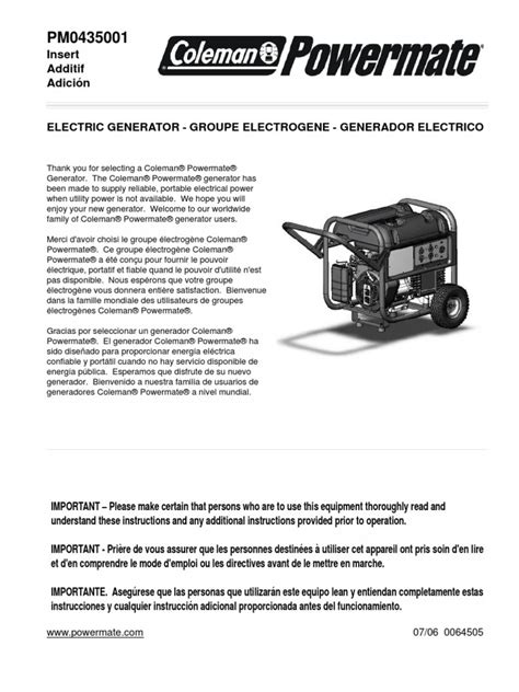 Coleman Powermate Generator Manual PM0435001 | Wheel | Screw