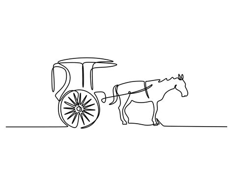 One single continuous line of wagon carriage with horse pulling it ...