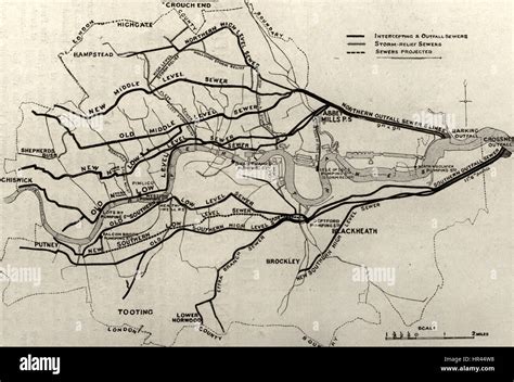 Map showing the intercepting, outfall, and main storm relief sewers of the London drainage ...