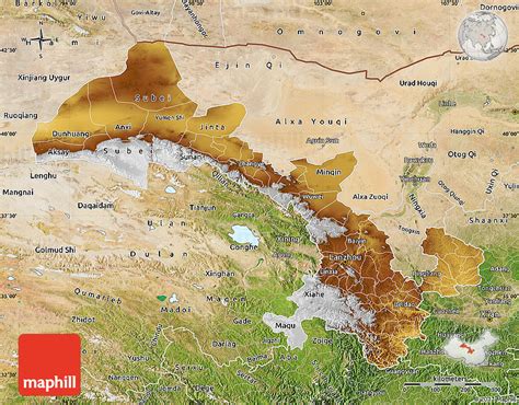 Physical Map of Gansu, satellite outside