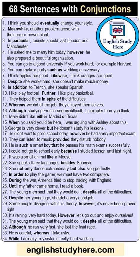 68 Sentences with Conjunctions in English, Example Sentences with Conjunctions - English Study Here