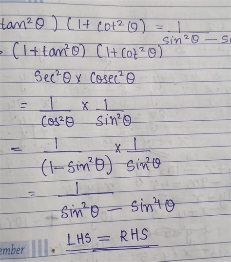 1 + tan squared theta into 1 + cot square theta is equals to 1 by sin squared theta minus sin ...