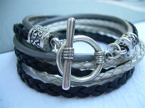 Womens Leather Bracelet , Black- Silver Gray-White, Triple Wrap, Triple Strands on Luulla