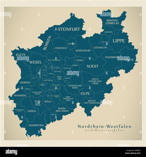 Modern Map - North Rhine-Westphalia map of Germany with counties and ...