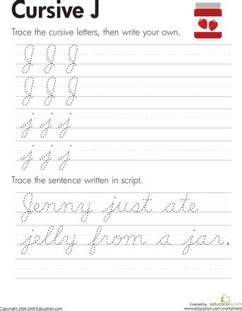 Cursive J | Worksheet | Education.com | Cursive handwriting practice, Cursive handwriting ...