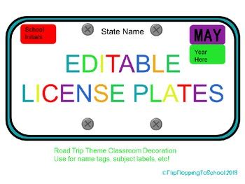 Road Trip Theme Editable License Plates for Names and Subjects | TpT